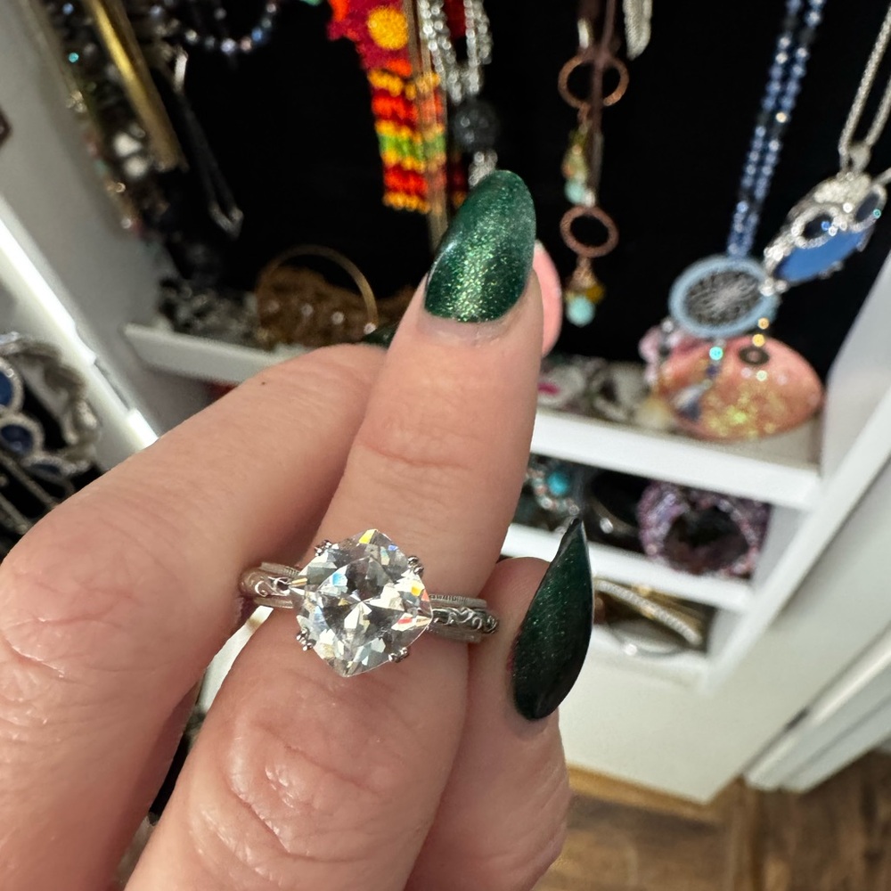 Sterling Silver Solitaire CZ Ring with Filigree Band - White